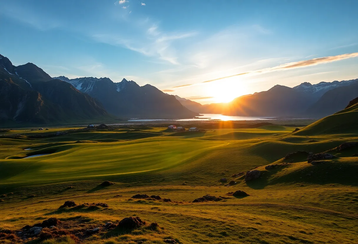Lofoten Links Golf Course illuminated by the midnight sun