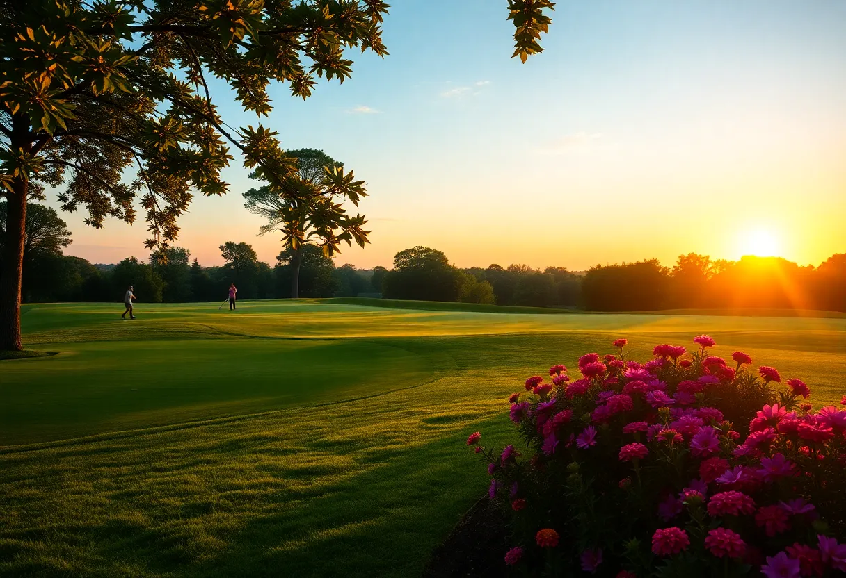 Scenic golf course at sunset with golfers