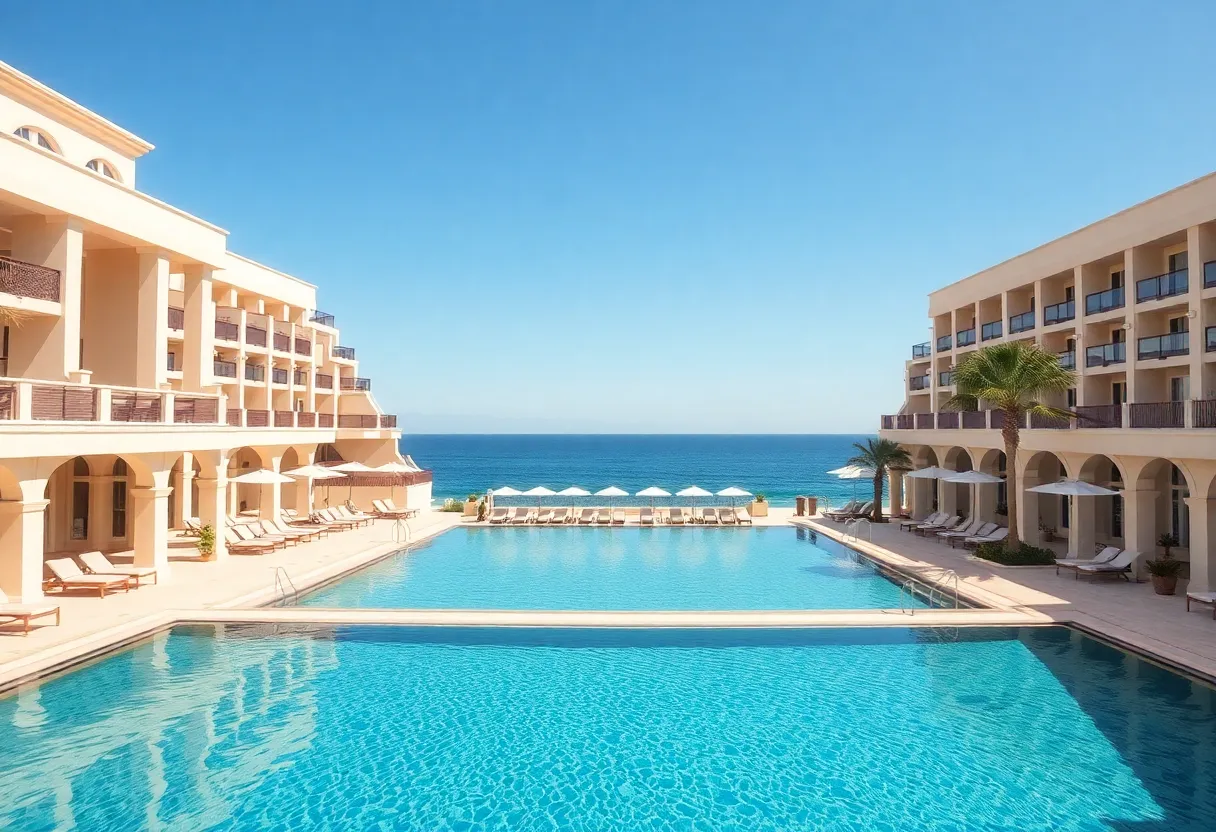 Exterior view of a luxury resort in Los Cabos overlooking the ocean