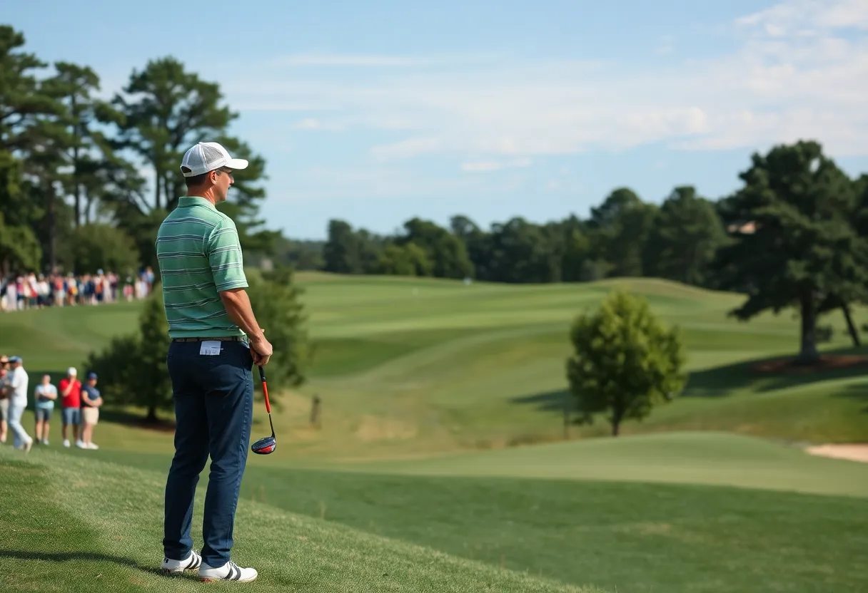 Golfer at the edge of a course looking frustrated