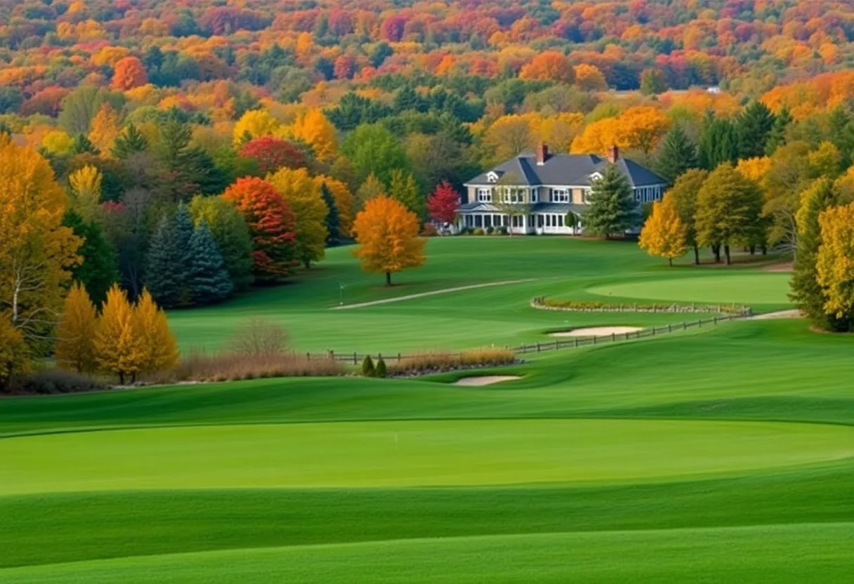 Beautiful golf course surrounded by fall foliage in Massachusetts