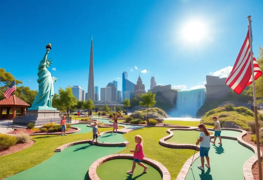 A lively scene of families enjoying a mini golf course themed around American landmarks.