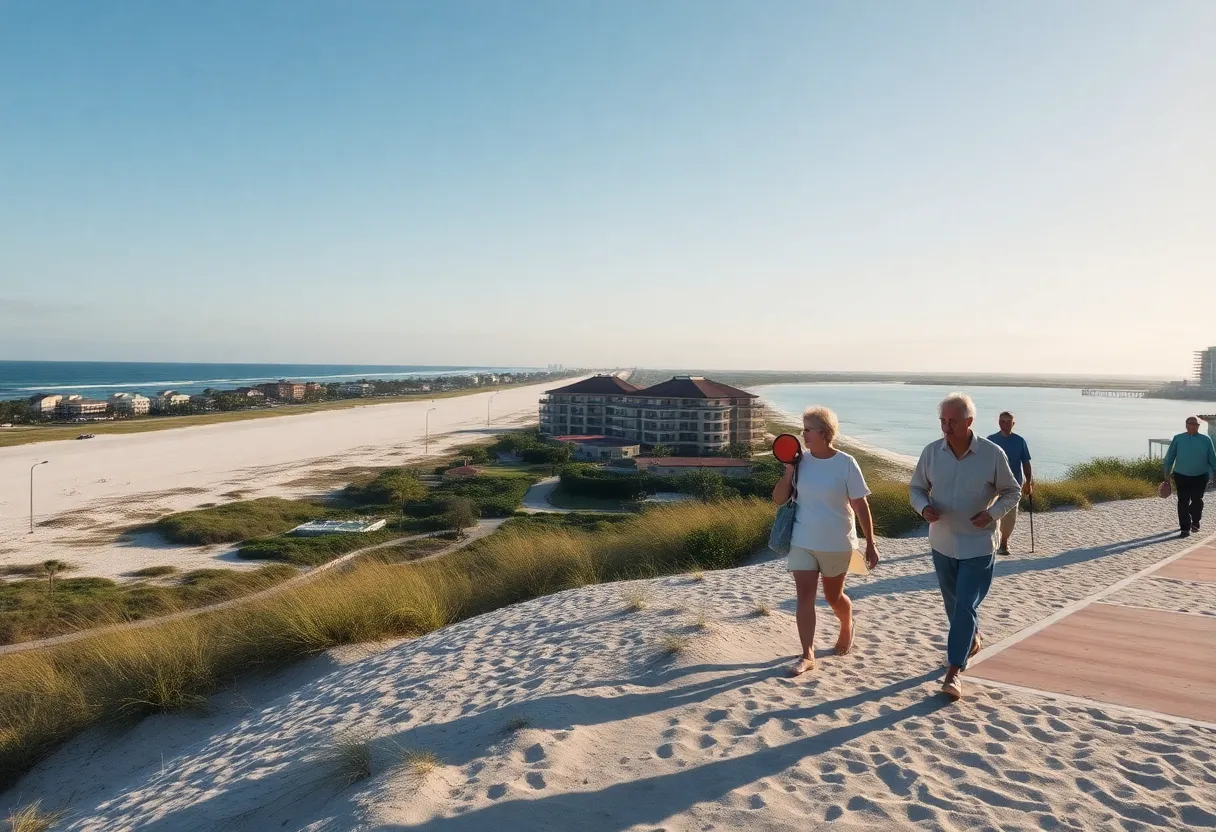 Coastal view of Naples, Florida with retirees enjoying the beach
