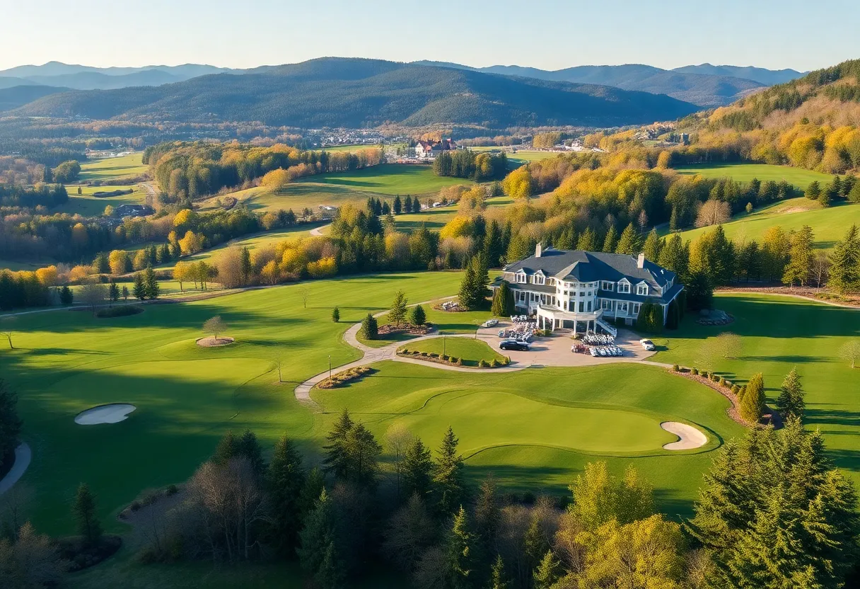 Scenic view of Nemacolin Golf Resort with golf greens and mountains