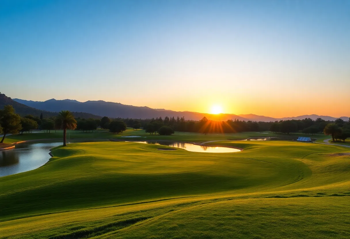A breathtaking view of the PGA Sultan golf course showcasing lush green fairways and blue water hazards in Antalya.