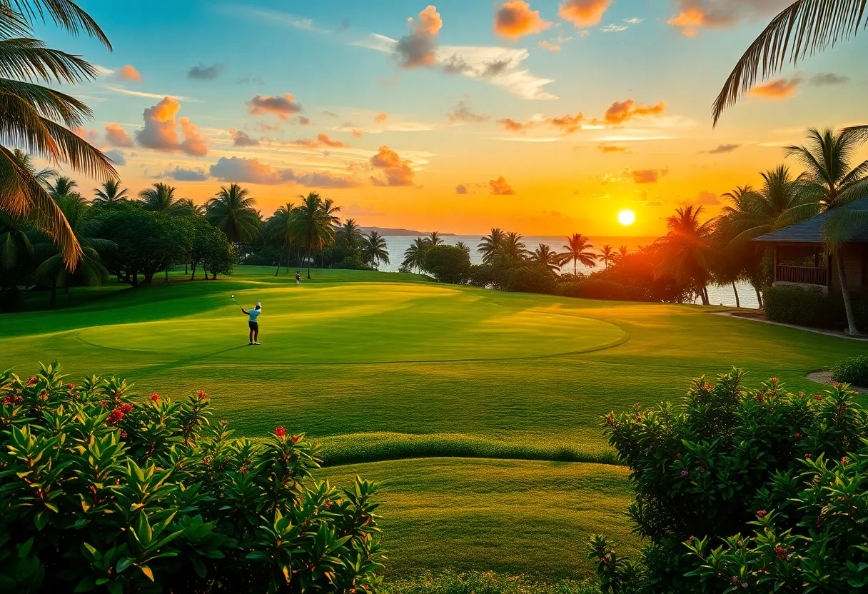 Beautiful golf course landscape in the Philippines during sunset
