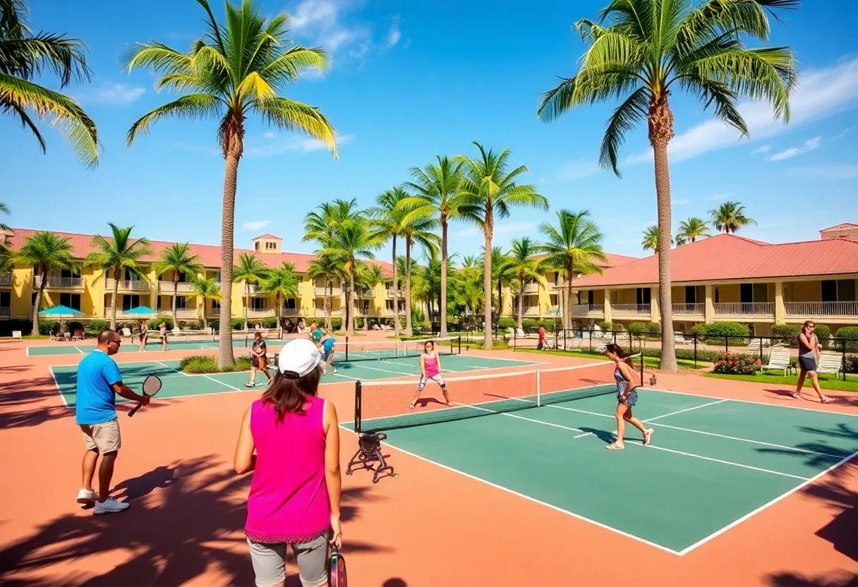 Players enjoying a game of pickleball at a sunny resort