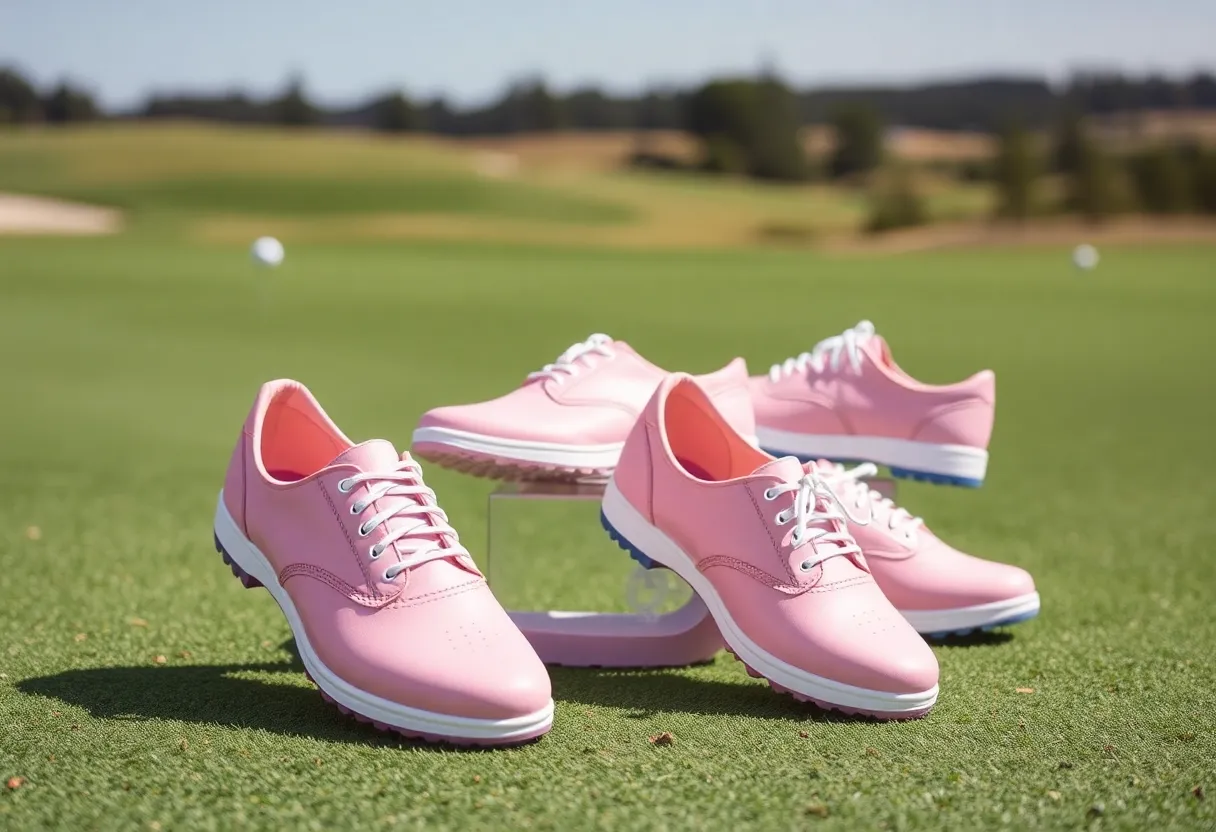 Collection of pink women's golf shoes on a golf course