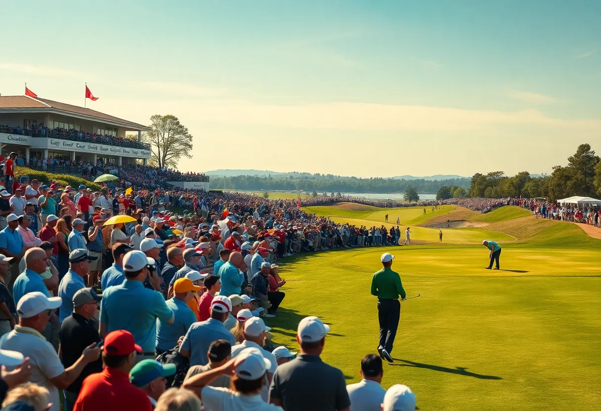 Competitive golf tournament with players and spectators