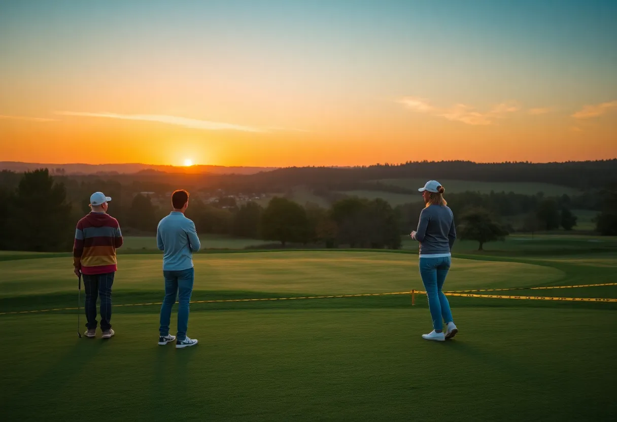 Couple enjoying a golf game on a picturesque course.