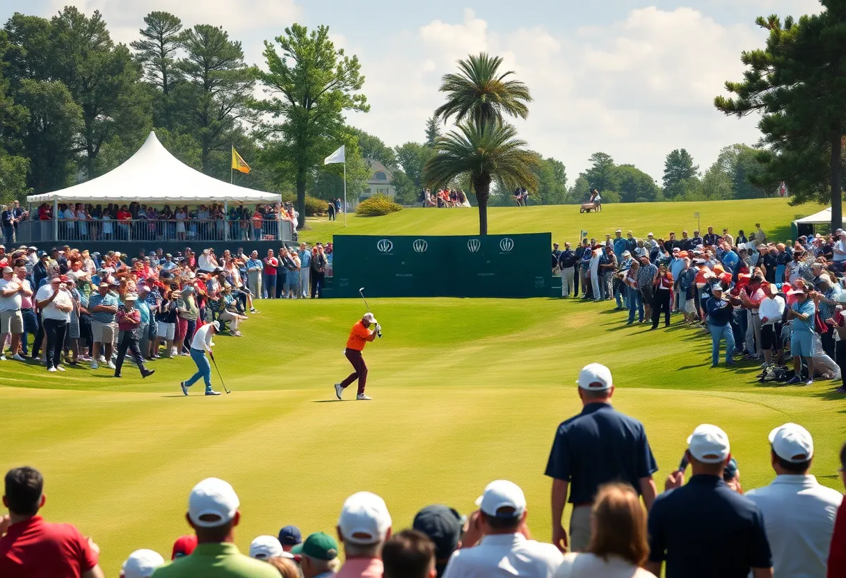 A celebration moment during a golf tournament with fans cheering.