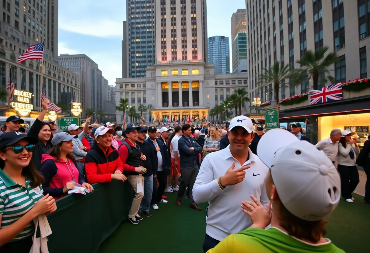 Fans enjoying the Ryder Cup 2025 atmosphere at Rockefeller Center