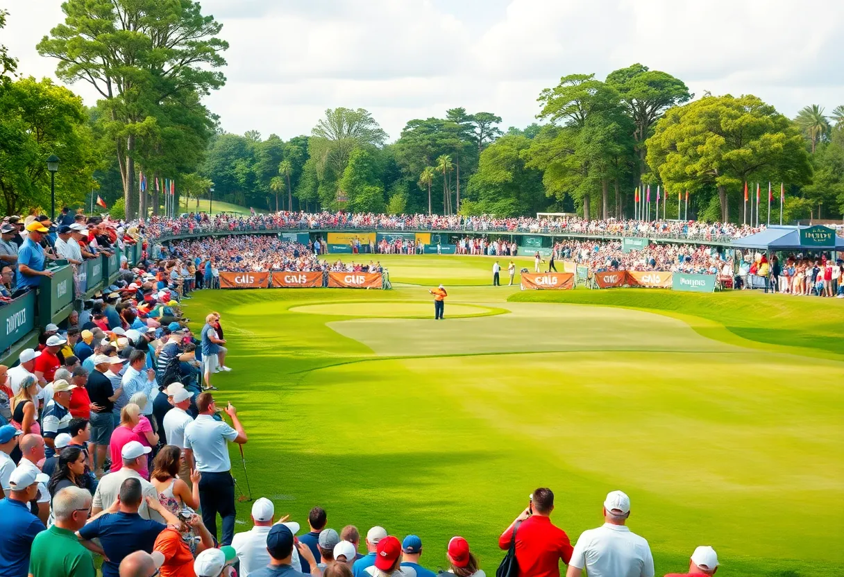 Crowd cheering at the 2025 Ryder Cup golf tournament at Bethpage Black.