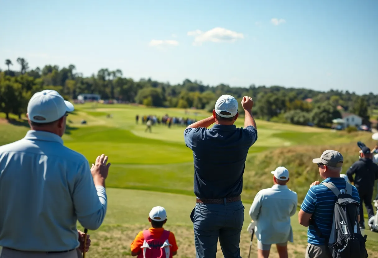 Golfers competing in the 2025 Ryder Cup with spectators in the background