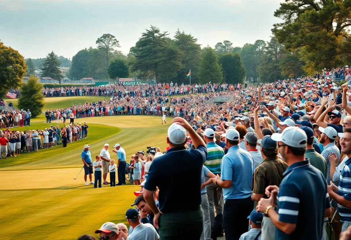 Golf fans at the Ryder Cup 2025 cheering for the U.S. team