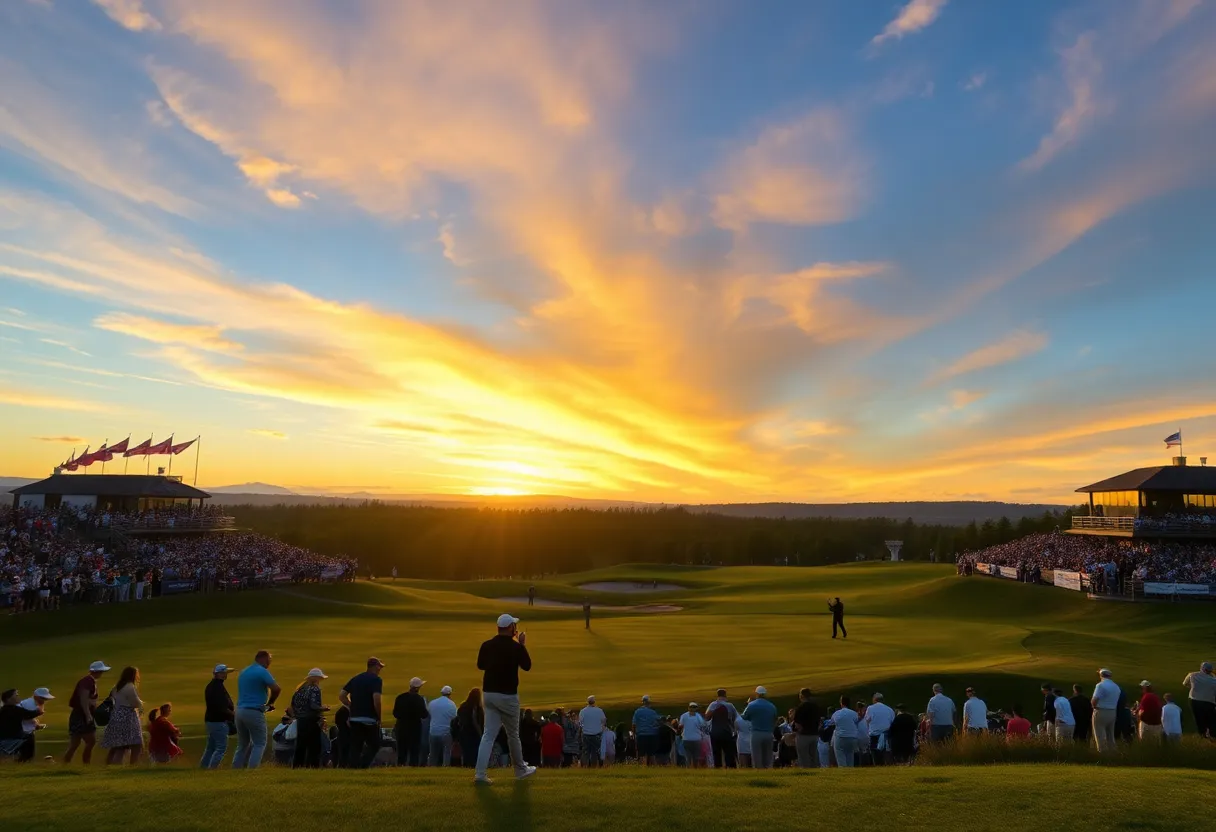A scenic view of the Ryder Cup event showcasing players and fans at Bethpage Black golf course.