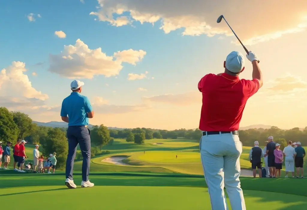Golf course scene representing the Ryder Cup with an emphasis on charity and teamwork.