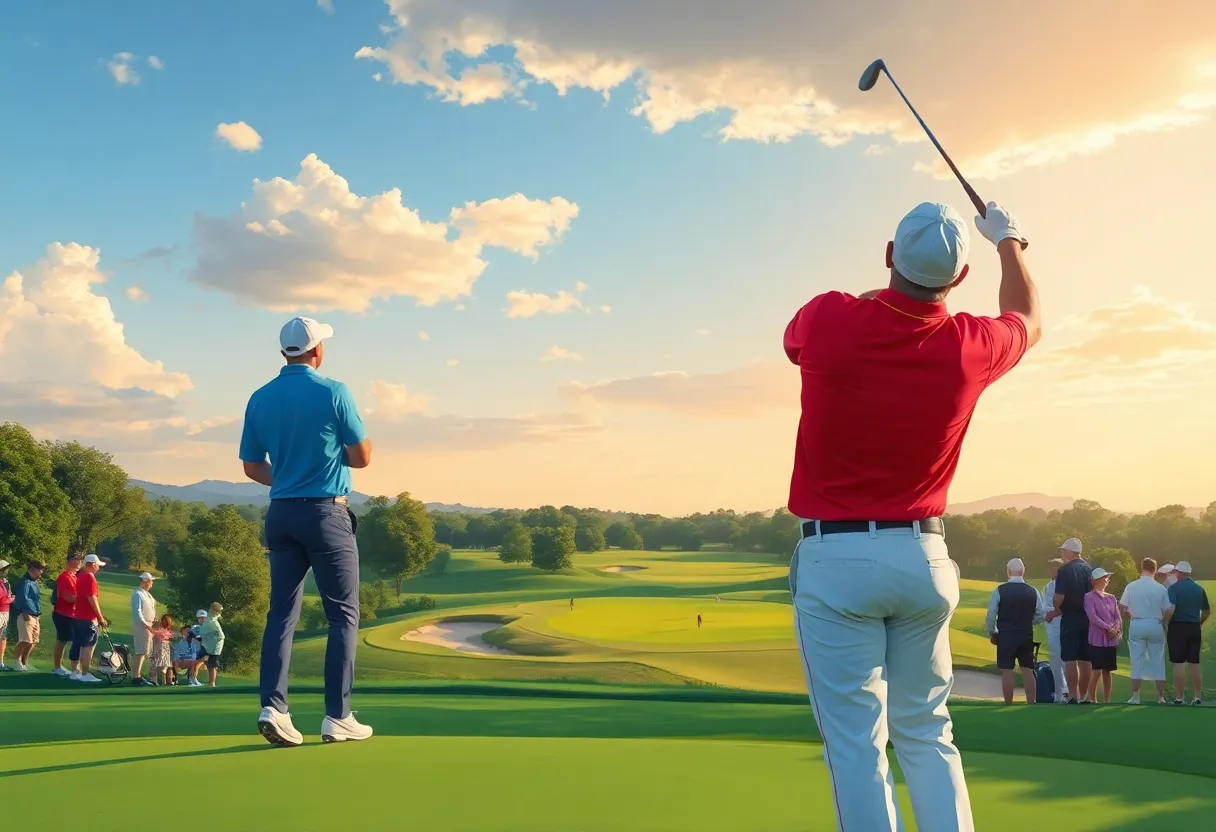 Golf course scene representing the Ryder Cup with an emphasis on charity and teamwork.