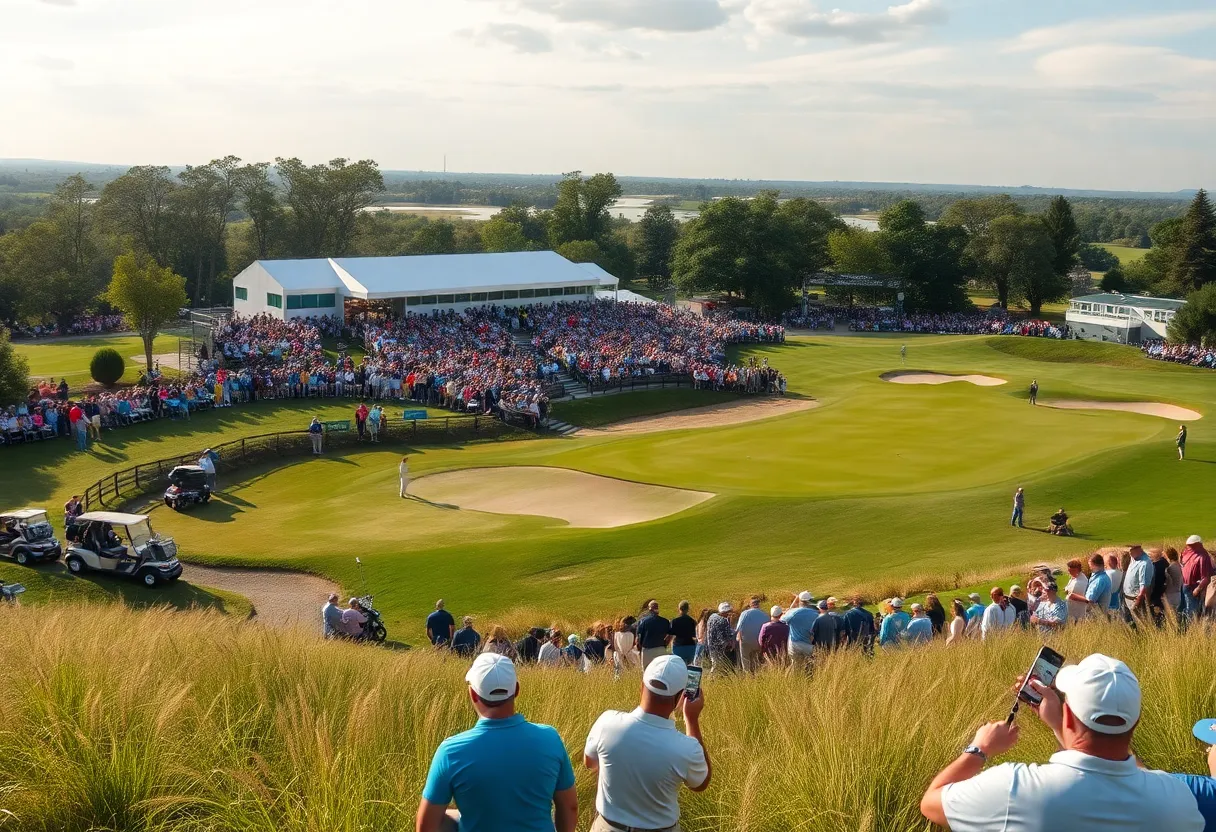 A vibrant golf course filled with players and fans during a major tournament.