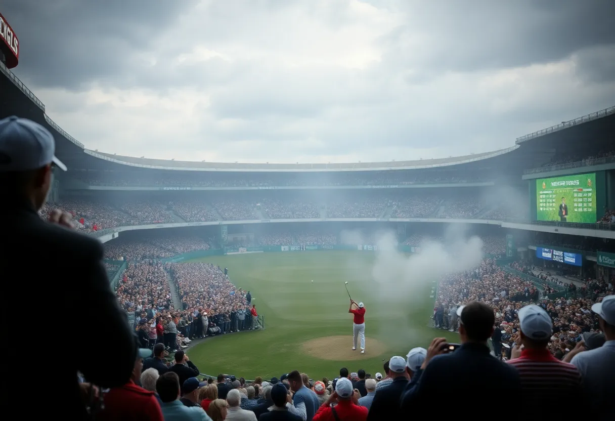 Dramatic scene from the Ryder Cup featuring golfers and a passionate crowd.