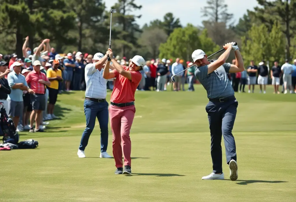 Golf players preparing for the Ryder Cup at a scenic golf course.