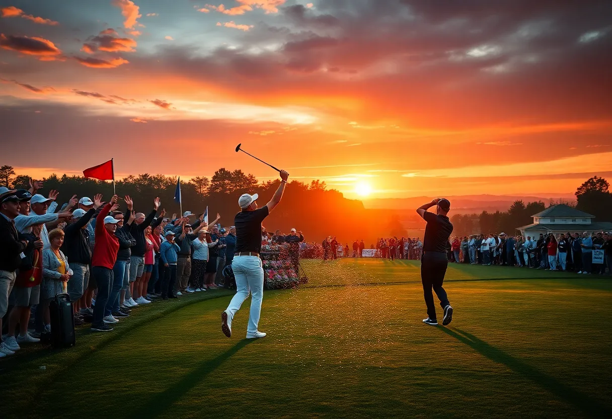 Golfers celebrating victory at the Ryder Cup with a vibrant crowd