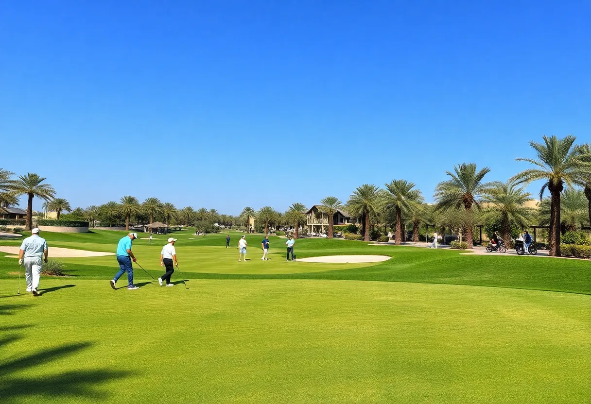 Golfers enjoying a modern golf course in Saudi Arabia representing the new brand identity of Saudi Golf Federation.