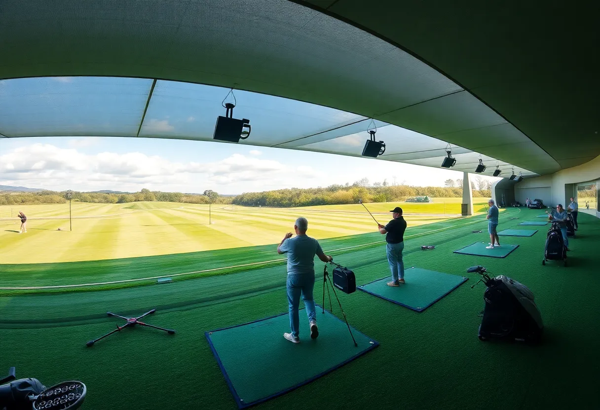 A golfer practicing at the all-grass driving range at Sentosa Golf Club.