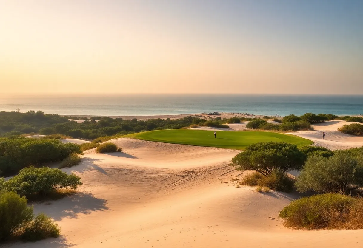 Golfers playing on Shura Links with the Red Sea in the background.