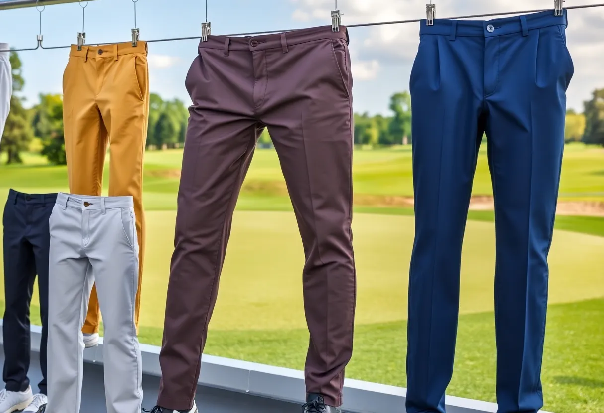 Variety of fashionable golf pants displayed with a golf course backdrop.