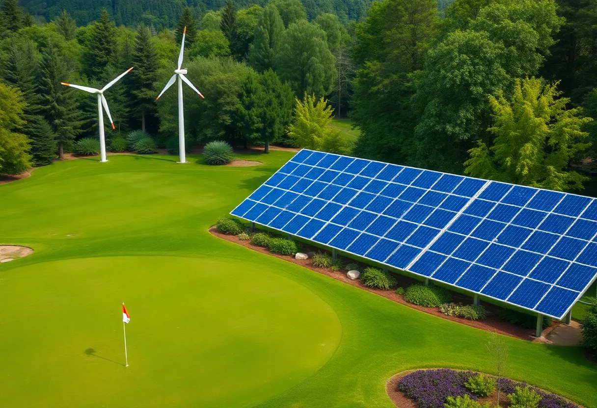 A golf course showcasing eco-friendly energy solutions and vibrant natural surroundings.