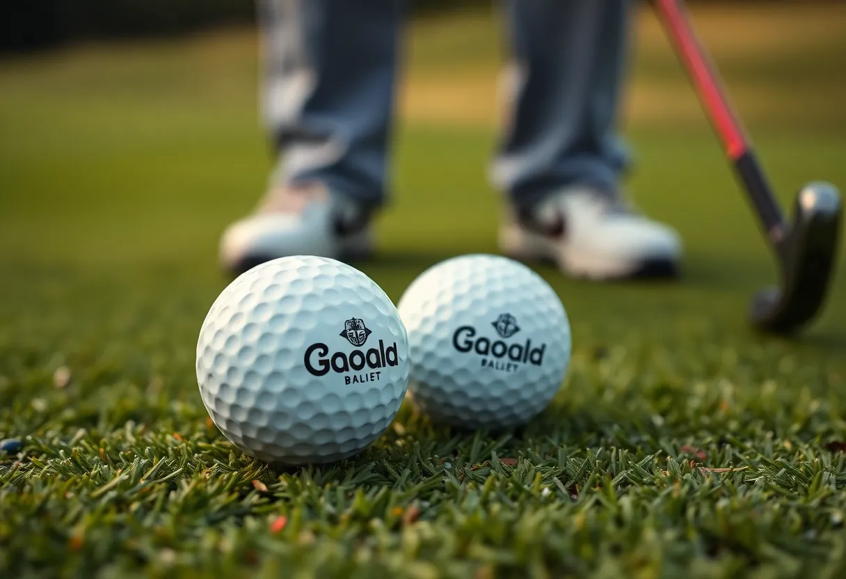 Close-up of Tiger Woods Edition golf balls on a golf course