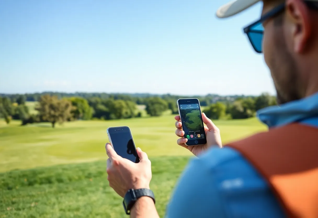 A golfer using a golf app on their phone at a picturesque golf course.