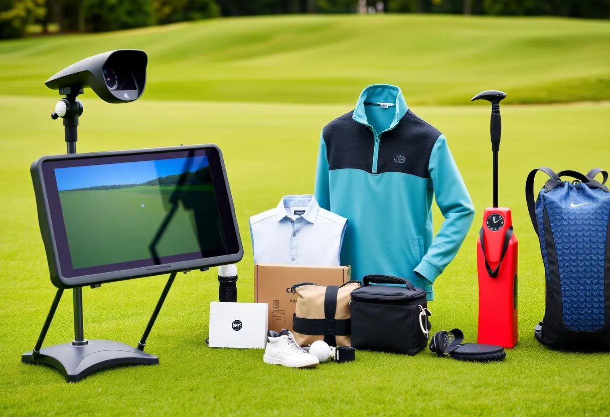 Array of unique golf gift items on a golf course