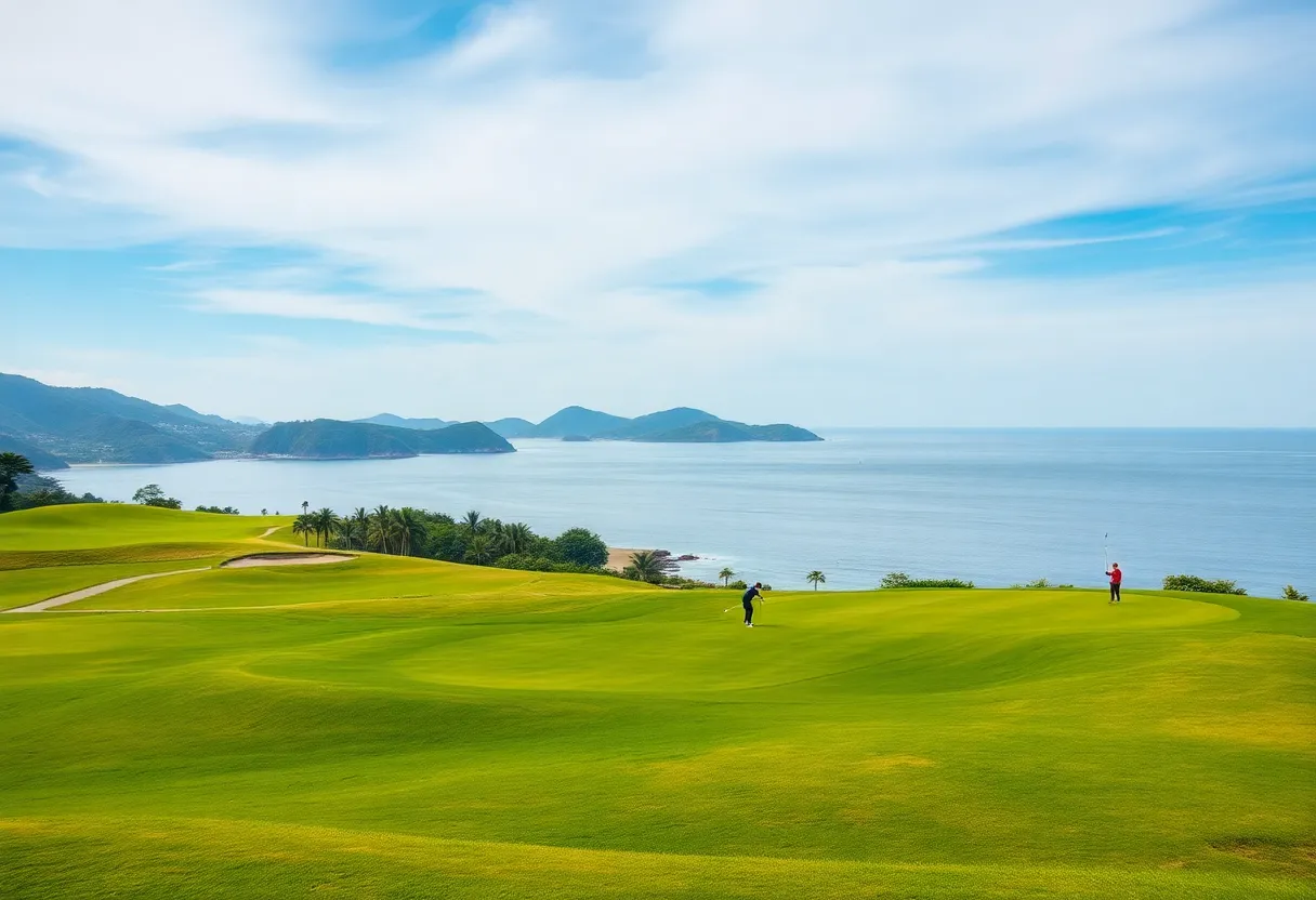 A breathtaking golf course in Vietnam with lush greenery and a coastal view.