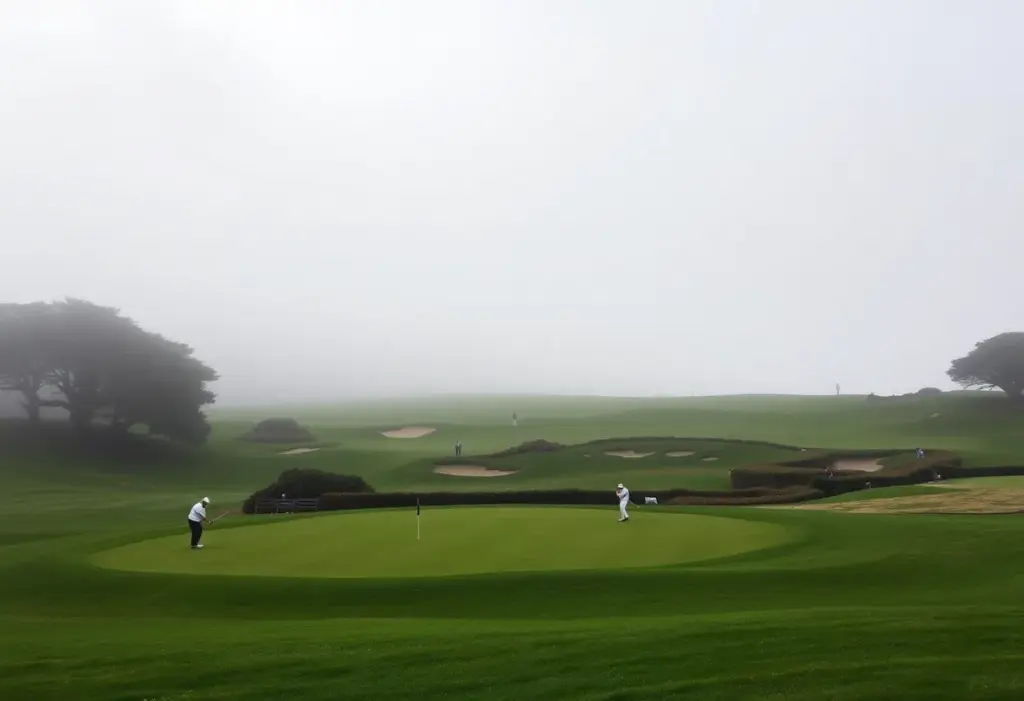 A scenic view of the 2025 Walker Cup at Cypress Point Club with fog