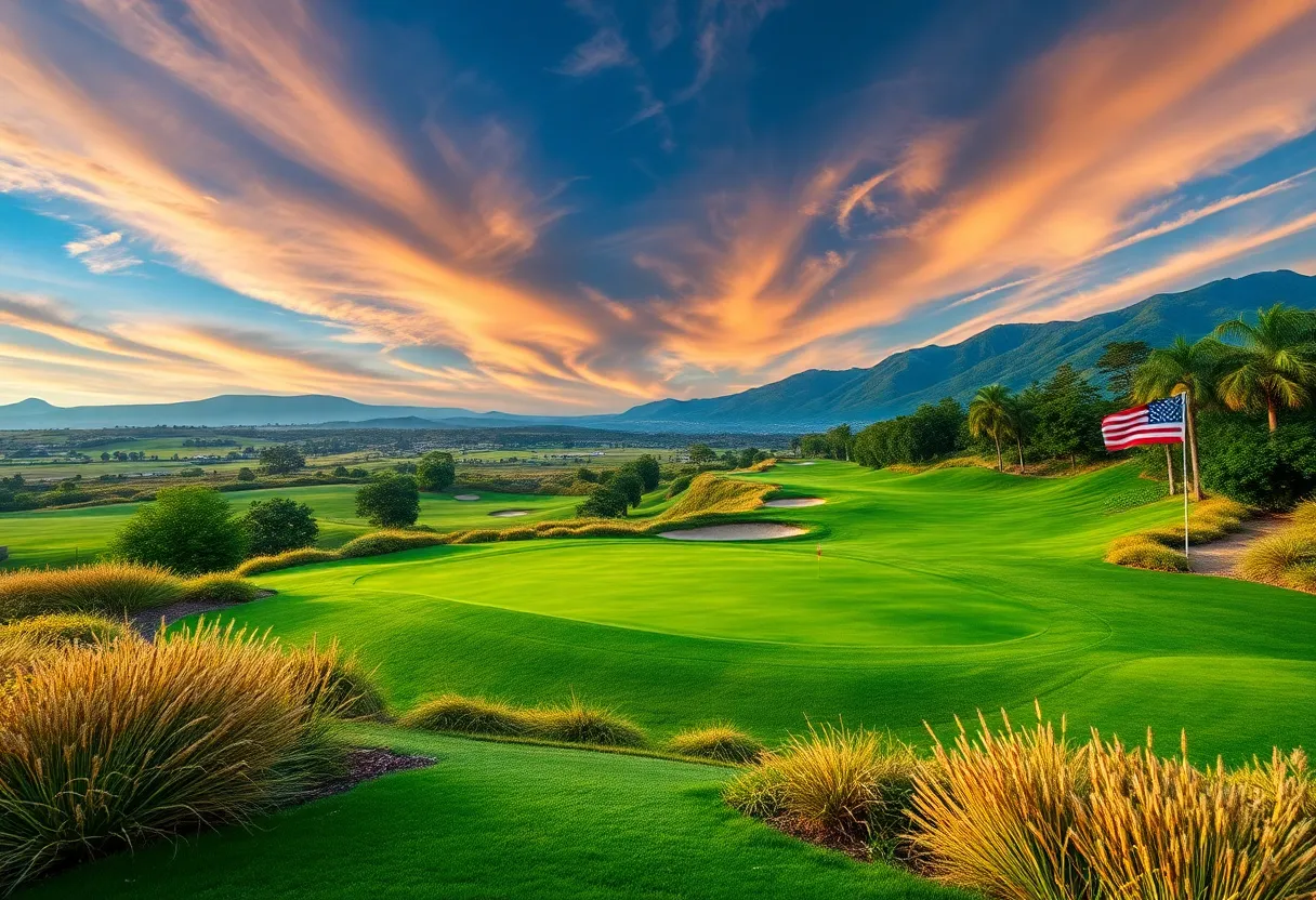 A breathtaking view of a world-class golf course with mountainous background.