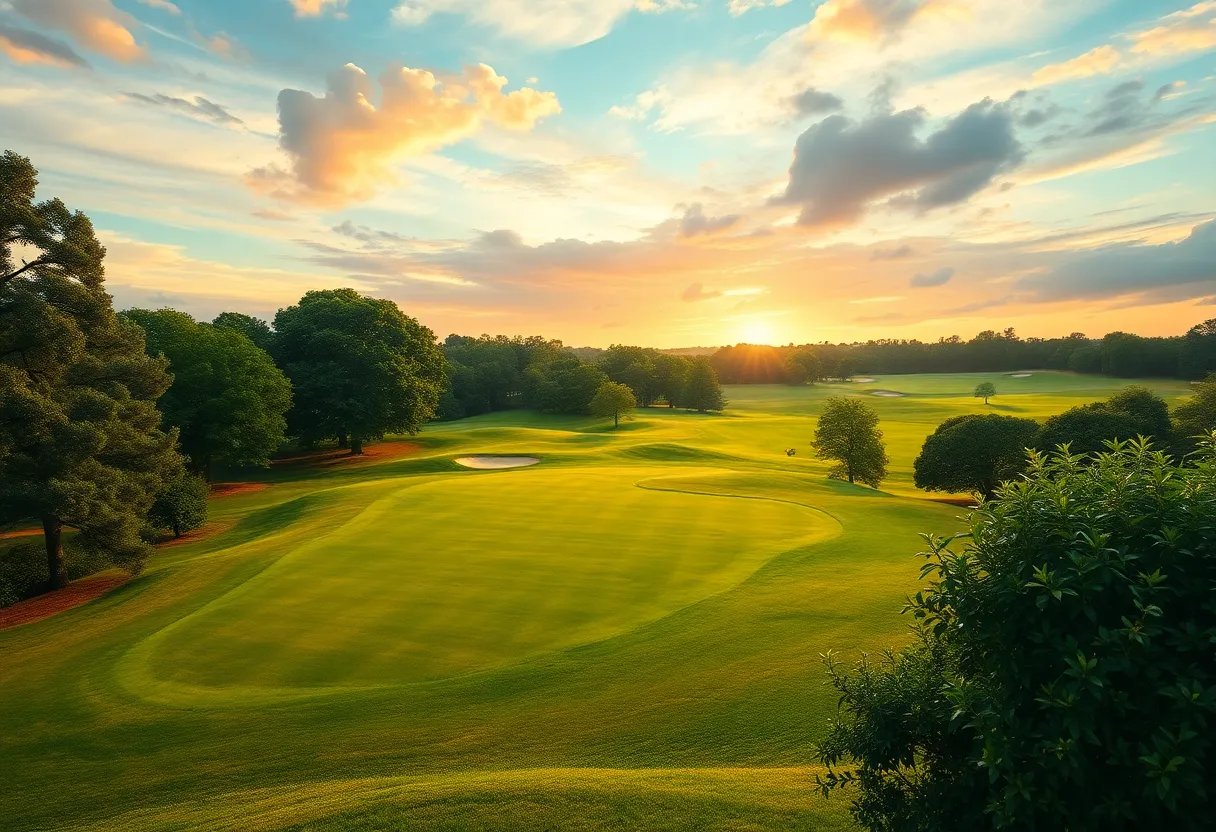 Golfers competing in a professional golf tournament on a scenic golf course.