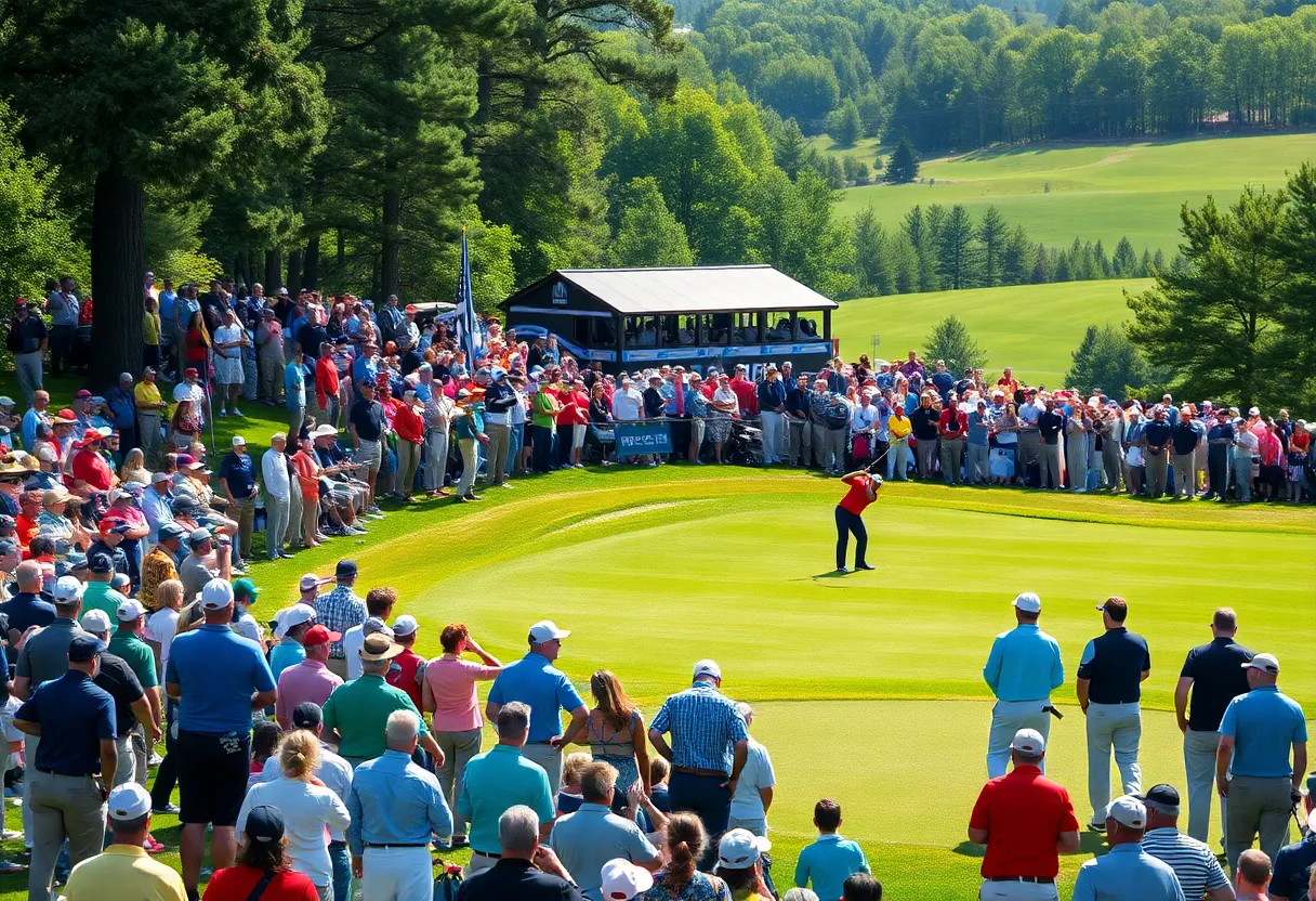 A lively golf tournament atmosphere with players and spectators.