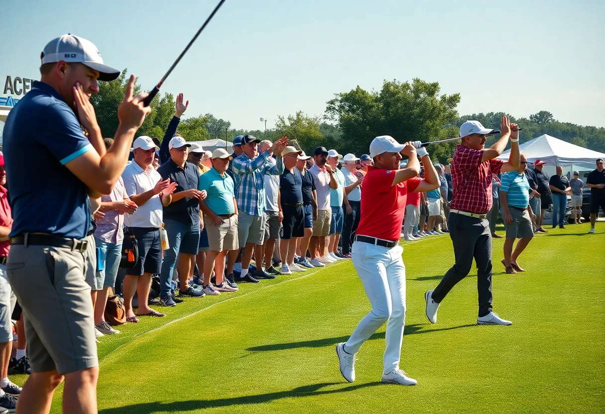 An exhilarating scene from a Long Drive golf competition featuring competitors and spectators.