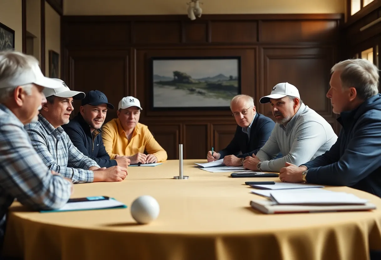 Golfers in a meeting discussing the All-Exempt Tour proposal