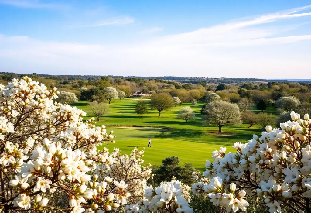 Golfers playing at the Almond Blossom Tournament surrounded by almond trees in bloom.