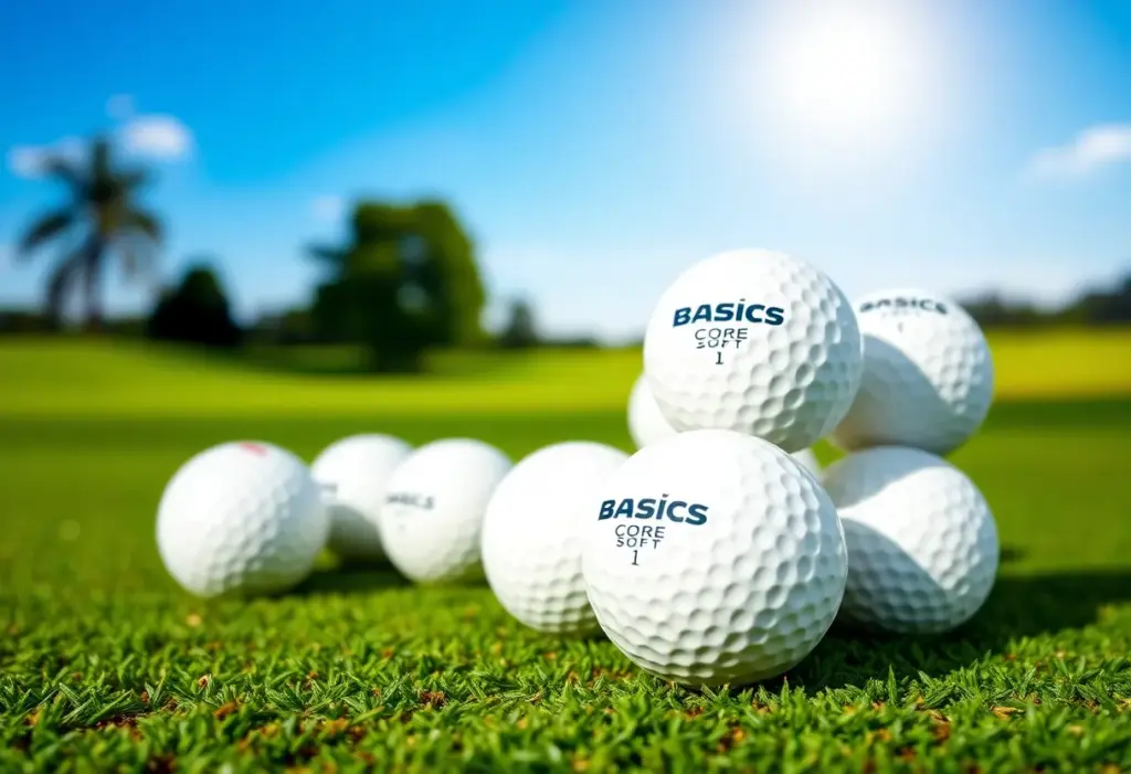 Basics Core Soft Golf Balls from Amazon displayed on a golf course