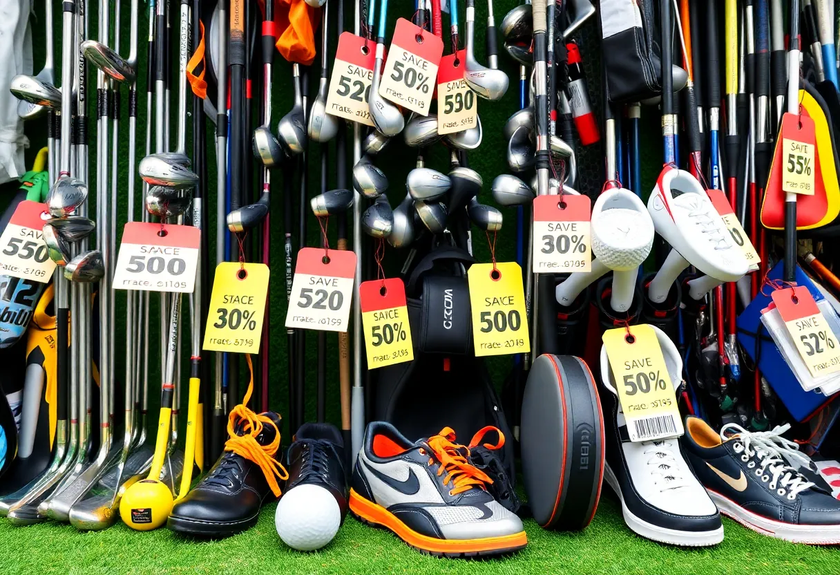 Golf equipment display highlighting discounts