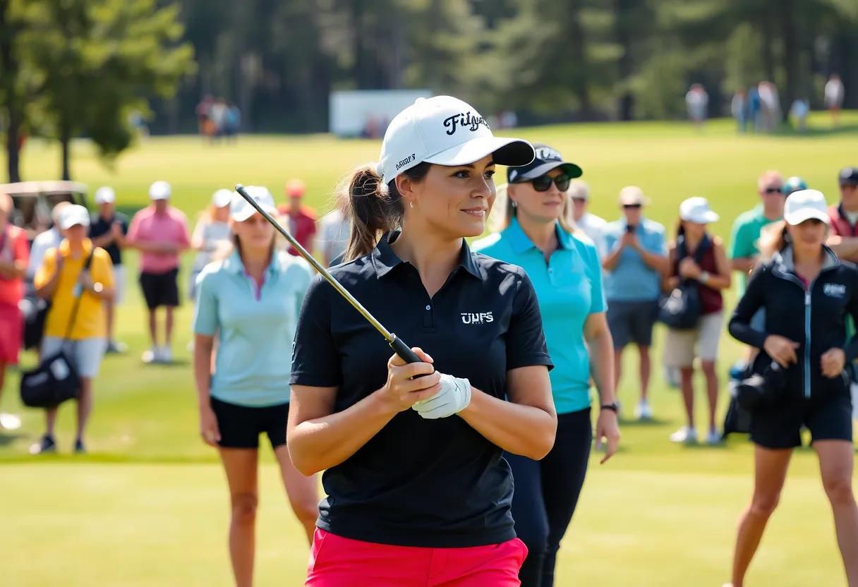 Professional female golfers engaging in a tournament environment with spectators and community activities.