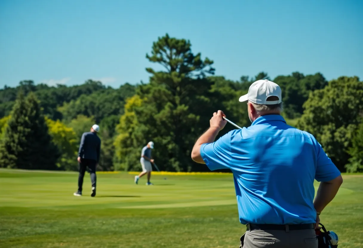 Players from the Auburn women's golf team practicing on a course.