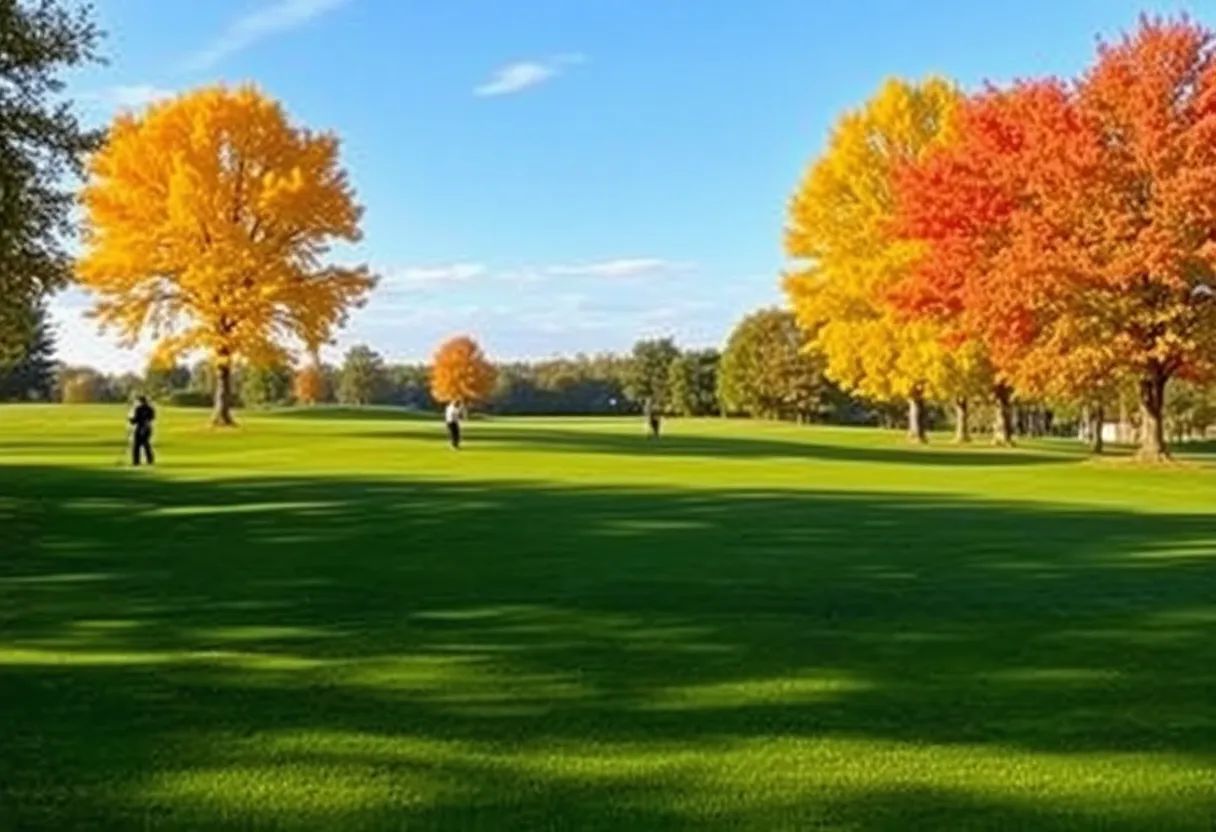 Golfers playing on an autumn golf course surrounded by colorful leaves.