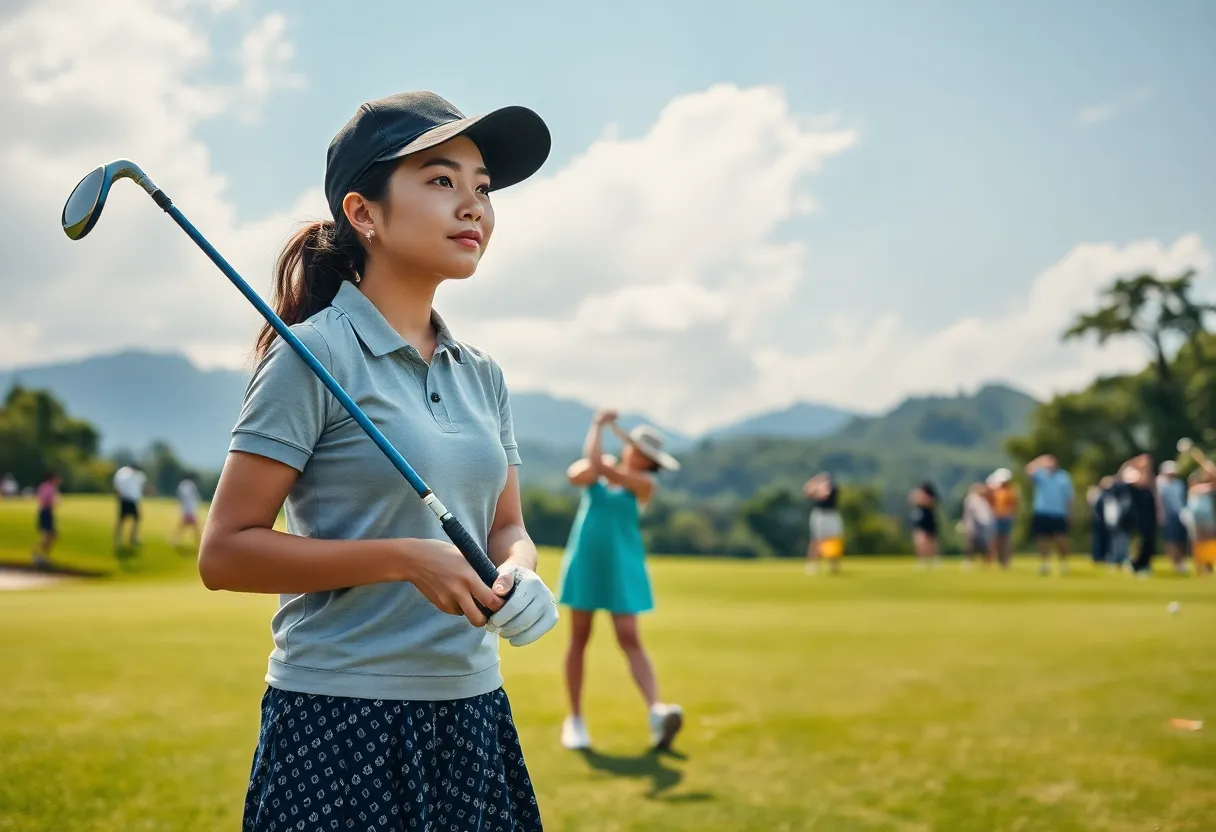 Golf scene in Asia featuring players and beautiful landscapes