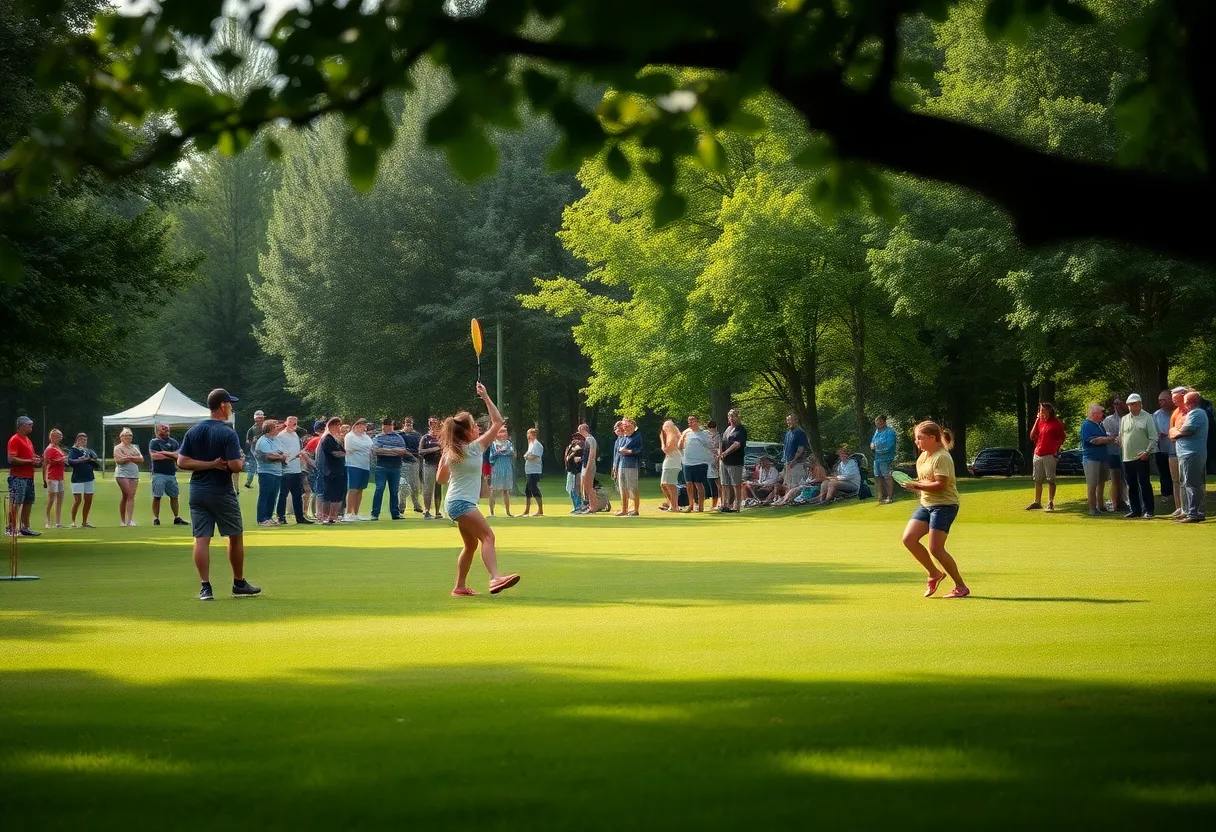 A disc golfer throwing a disc on a beautiful course during a championship.