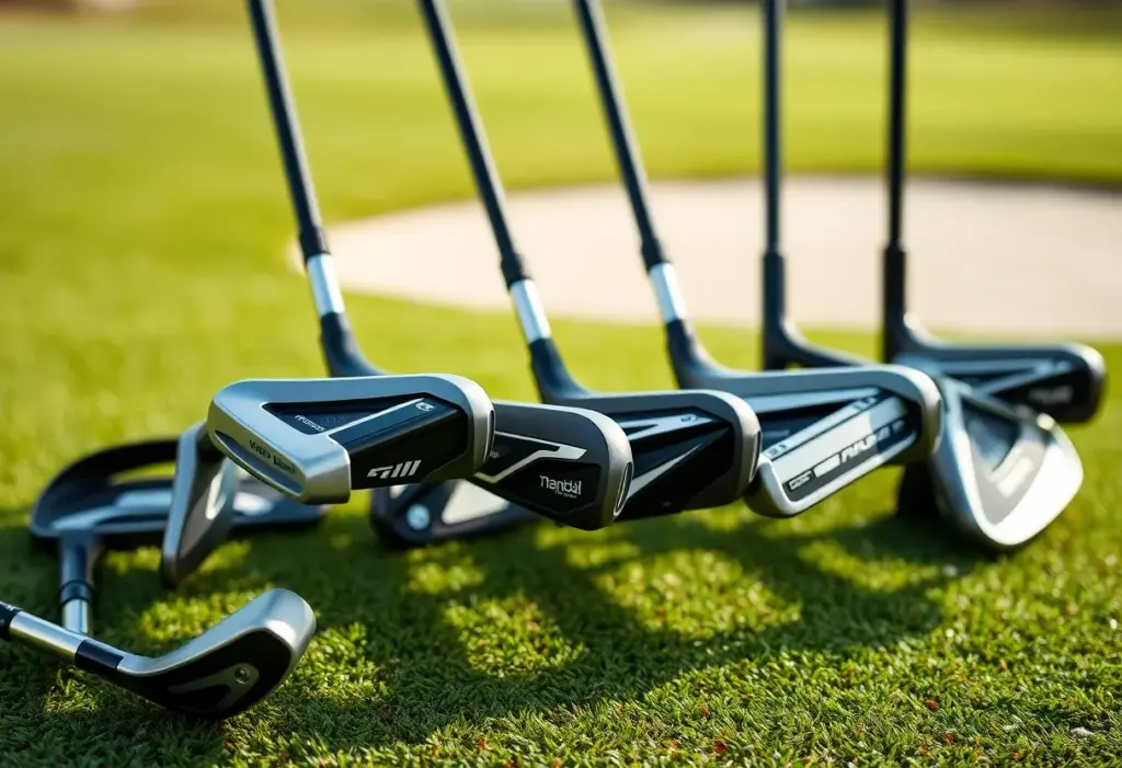 A variety of forgiving golf irons set on a lush golf course.